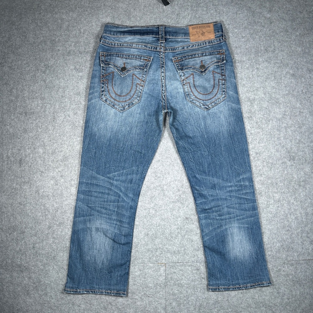 True Religion Denim Jeans Mens 33 Blue Straight Flap Big T Distressed Y2K Street